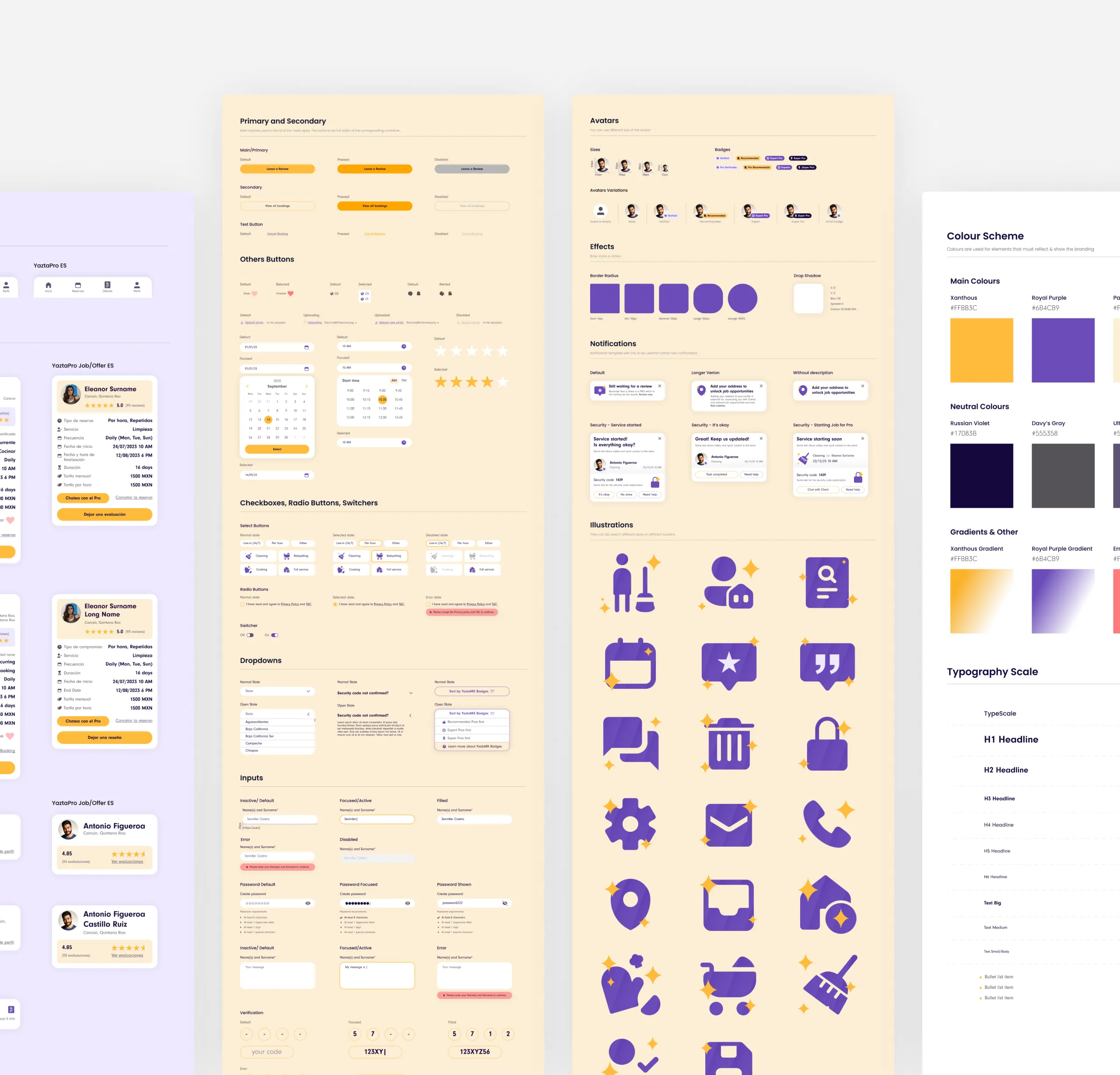 Yazta app design system with buttons, inputs, dropdowns, avatars, notifications, purple icons and colours