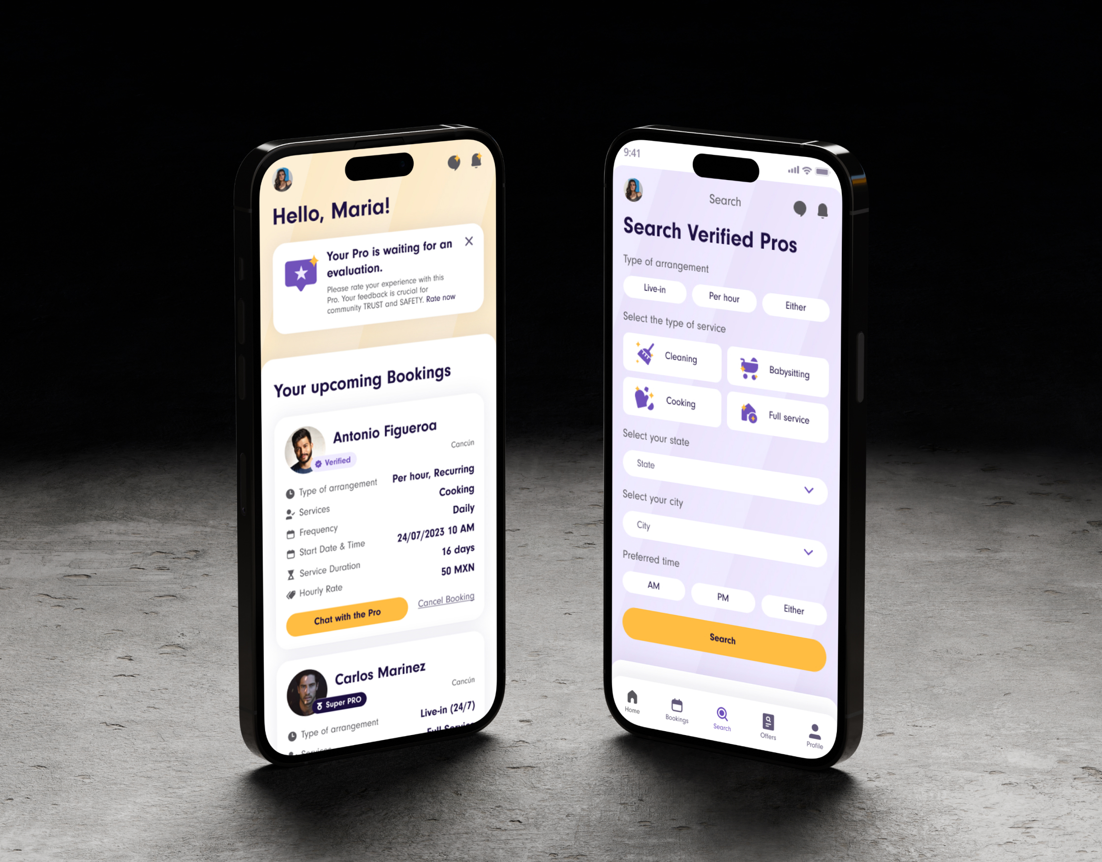 Two iPhones on a dark backdrop showing the Yazta bookings home feed and Search Verified Pros filter screen