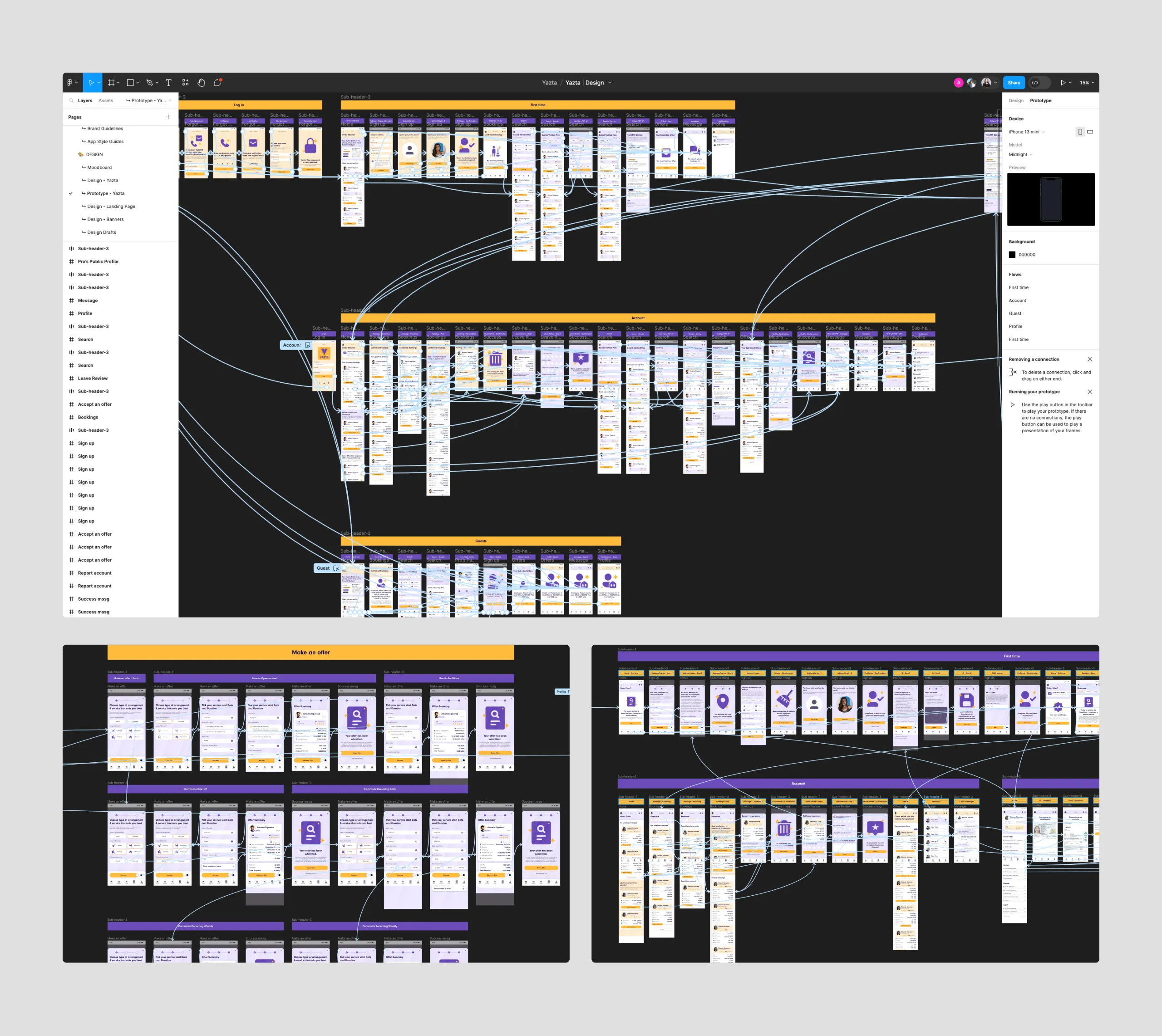 Figma prototype board for the Yazta app with hundreds of linked mobile frames and blue connection lines