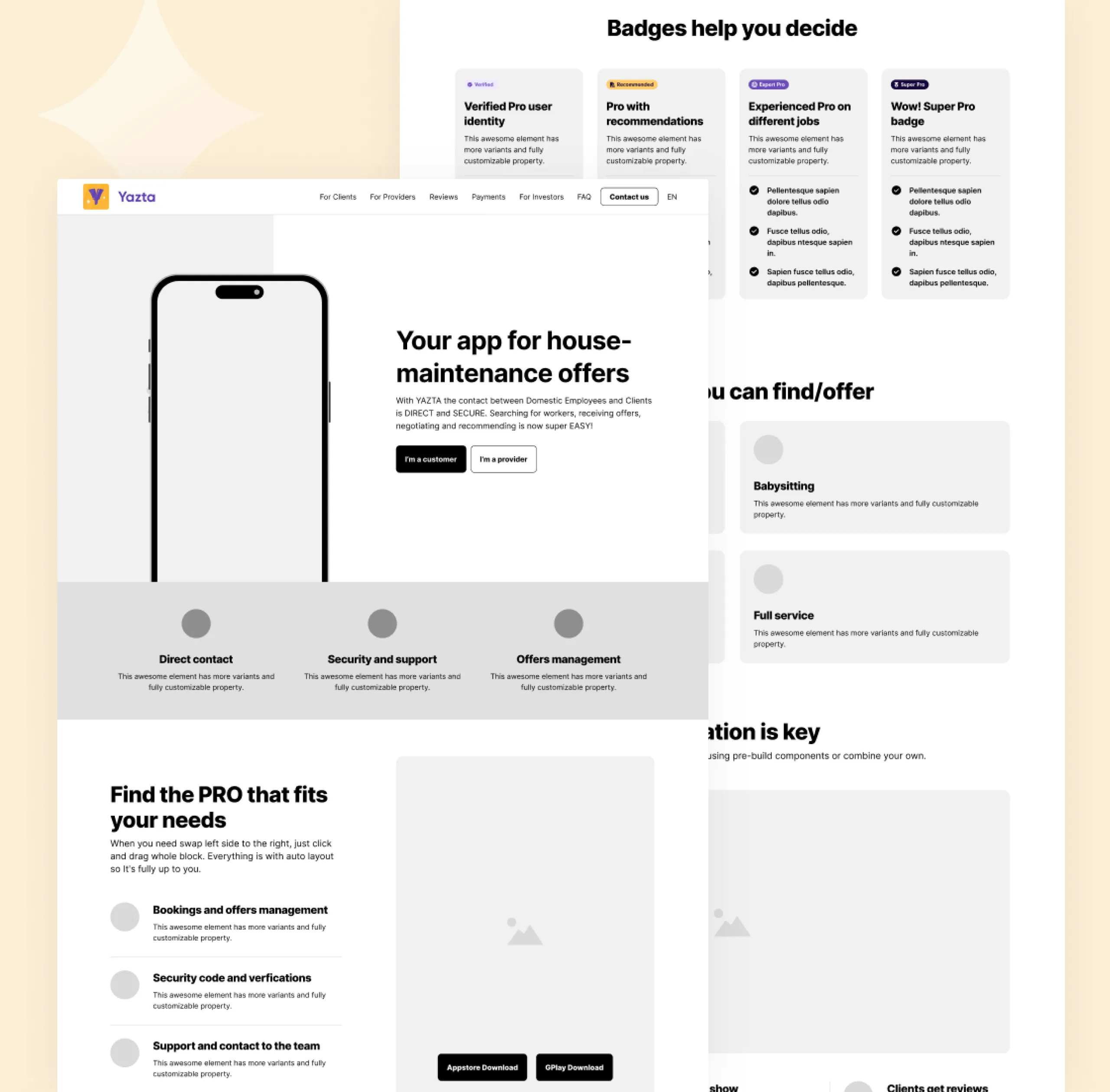 Greyscale wireframes of the Yazta marketing site homepage with a hero phone mockup and feature blocks