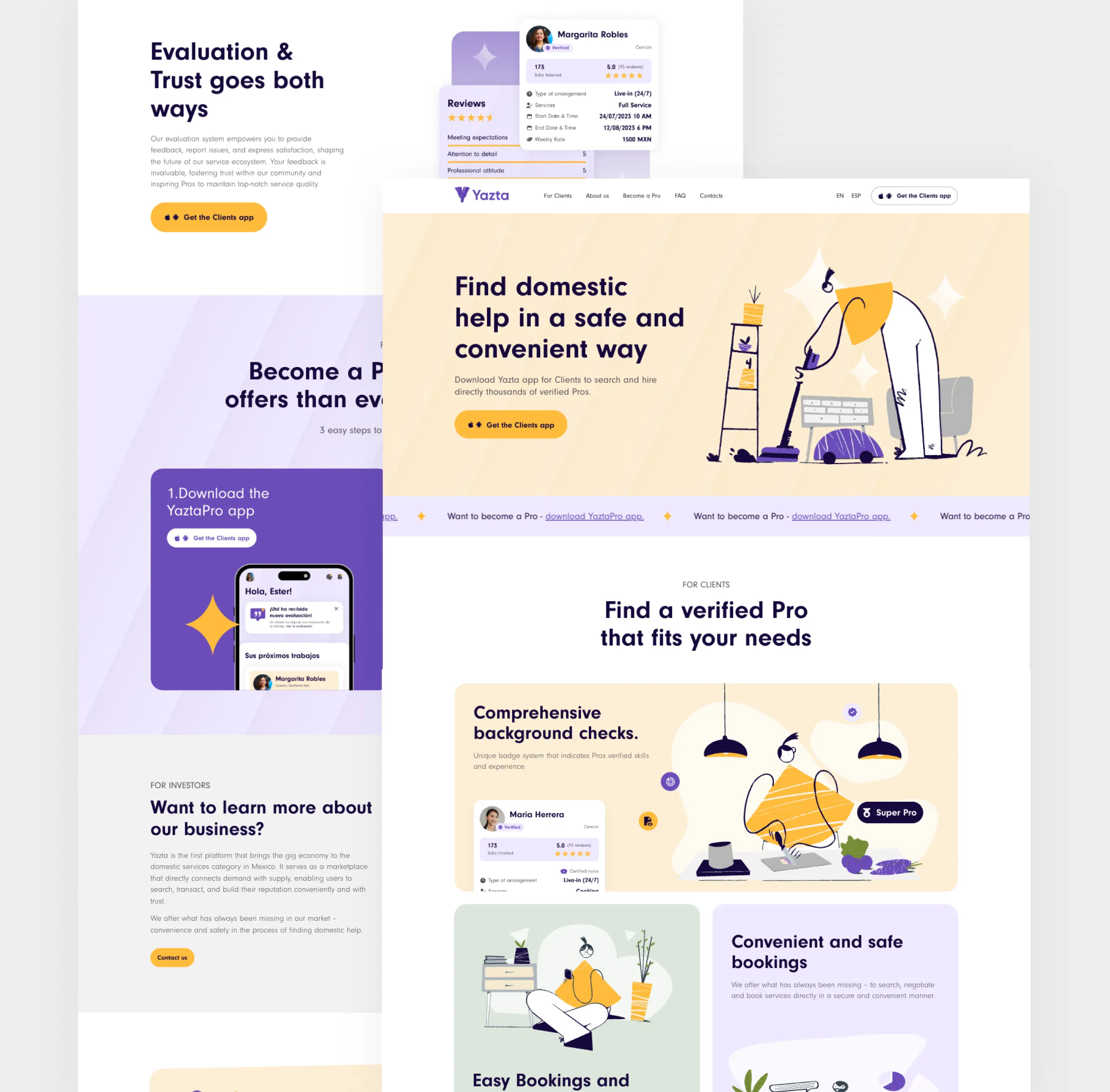 Yazta website design with an illustrated hero for finding domestic help and background-check feature cards