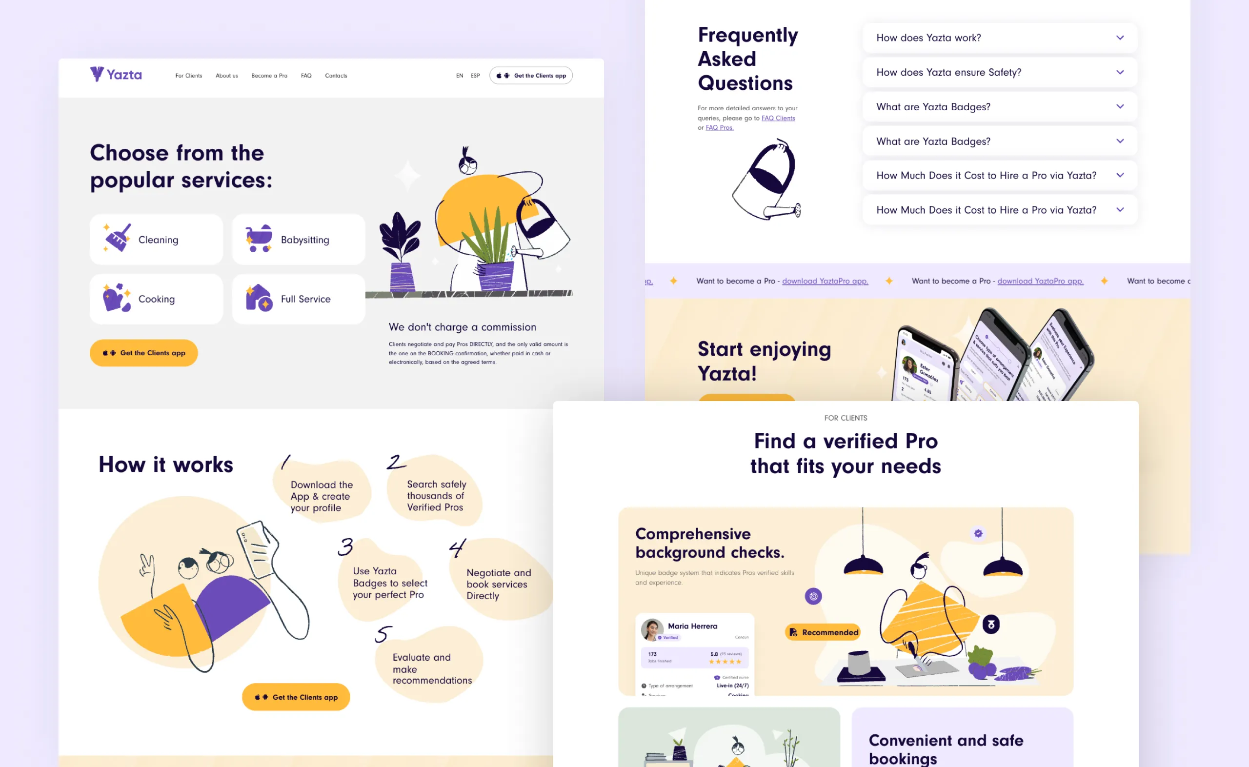 Yazta web pages showing popular services, a five-step how it works diagram and an FAQ accordion