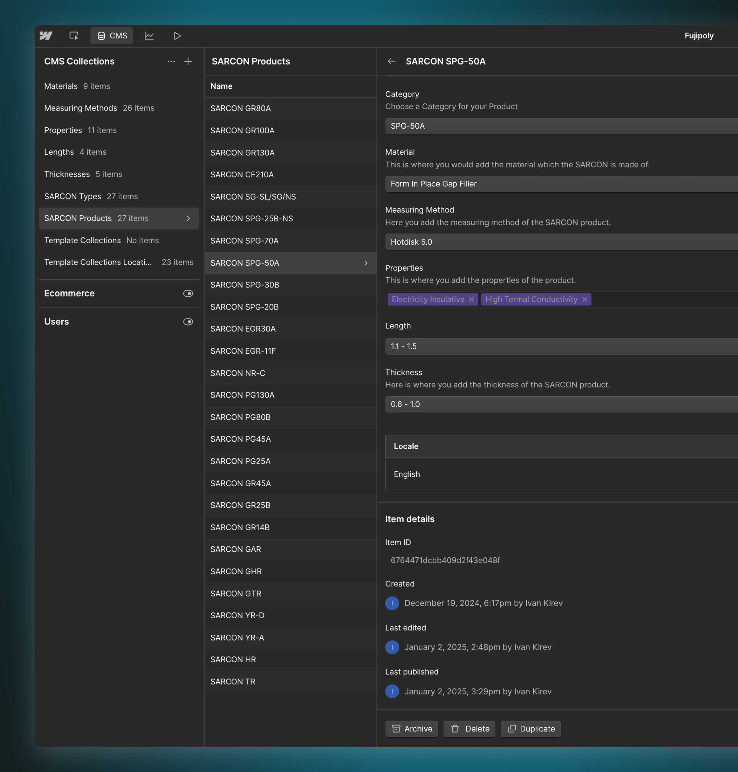 Webflow CMS for FujiPoly showing the SARCON Products collection and an item's material and thickness fields