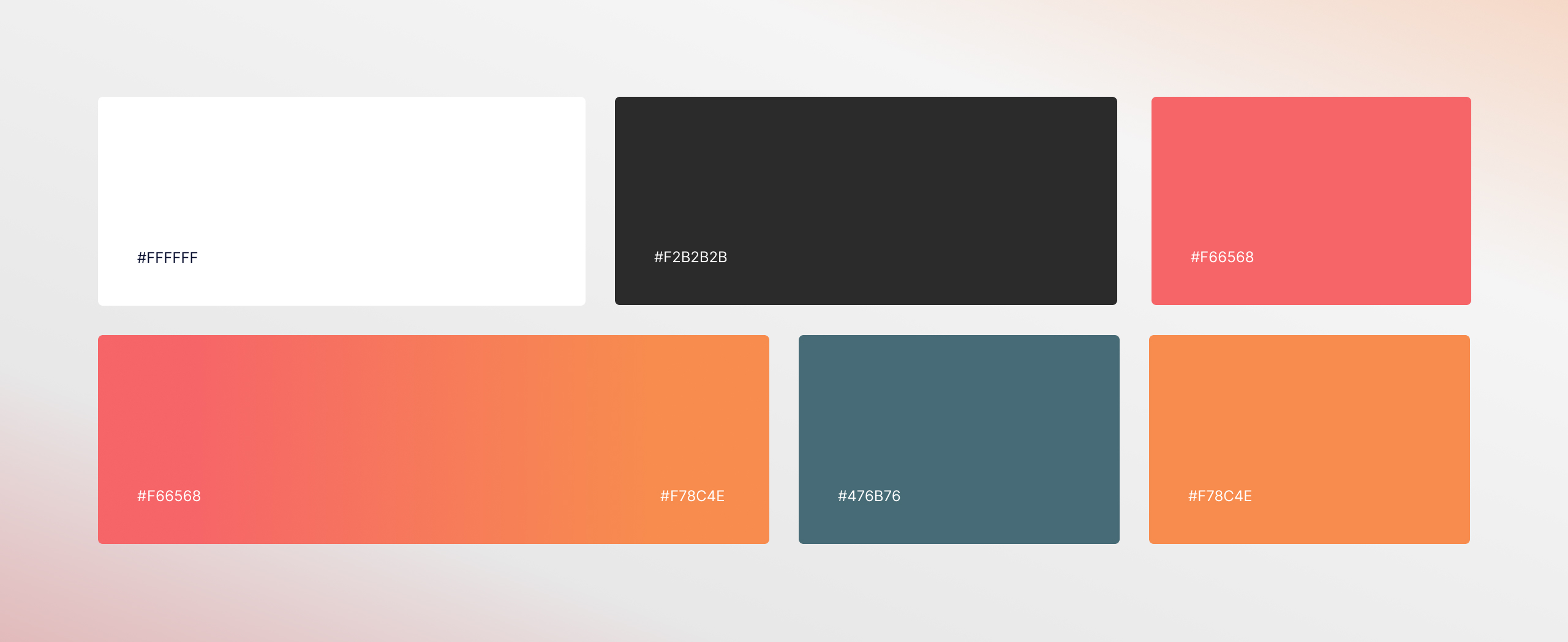 Protagona colour palette of white, near-black, coral, teal and orange swatches labelled with hex codes