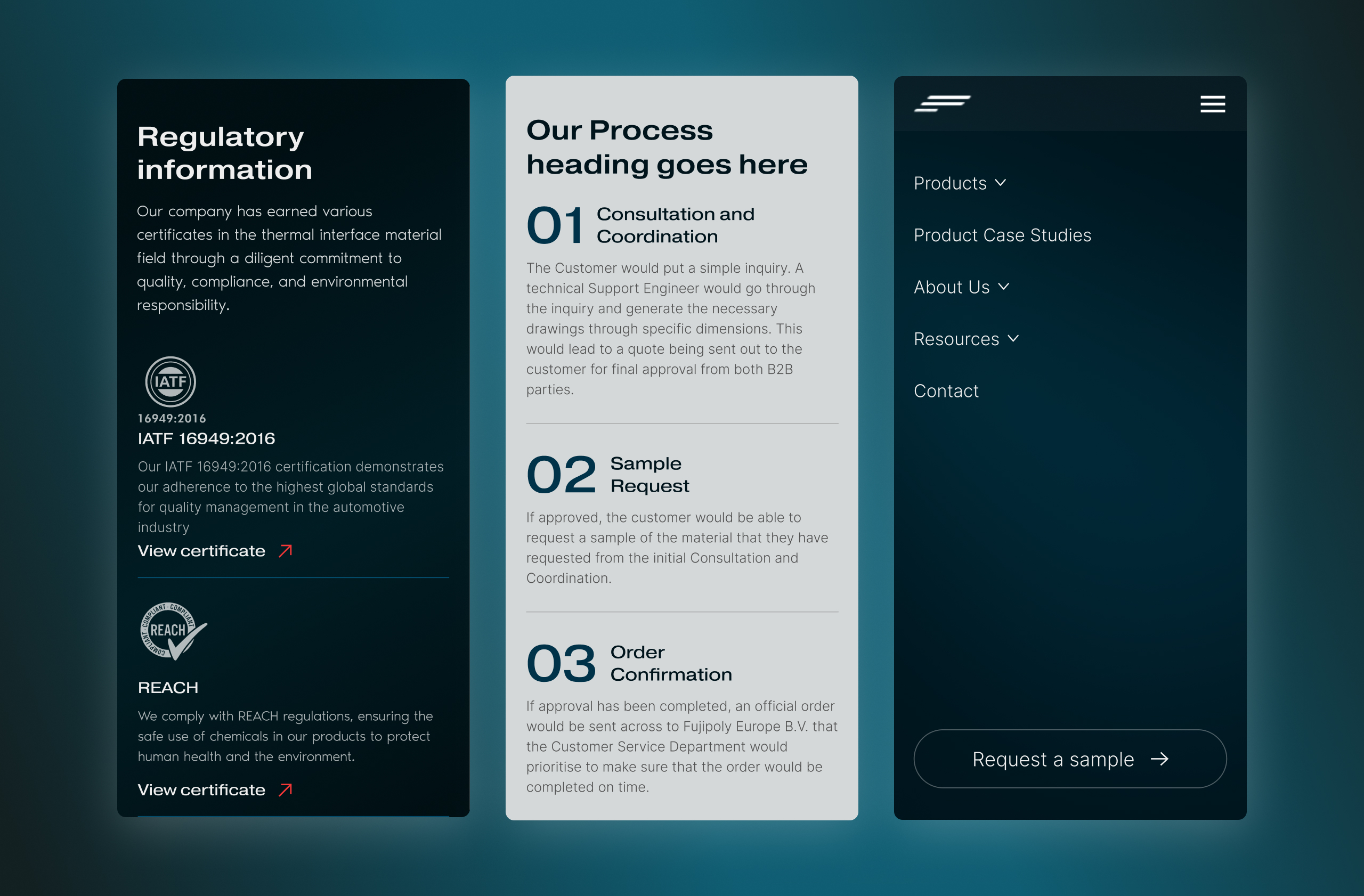 FujiPoly mobile designs for regulatory certificates, a three-step process list and the expanded nav menu