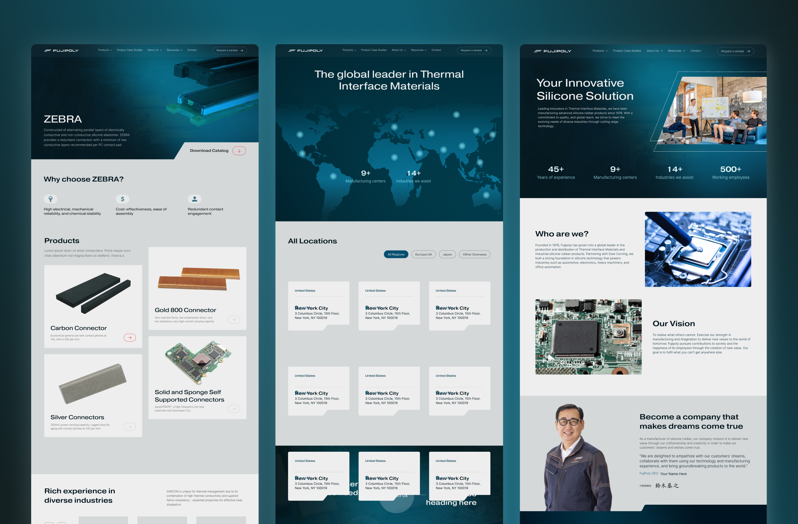 Three FujiPoly page designs: the ZEBRA product page, a global locations map and the About Us story page
