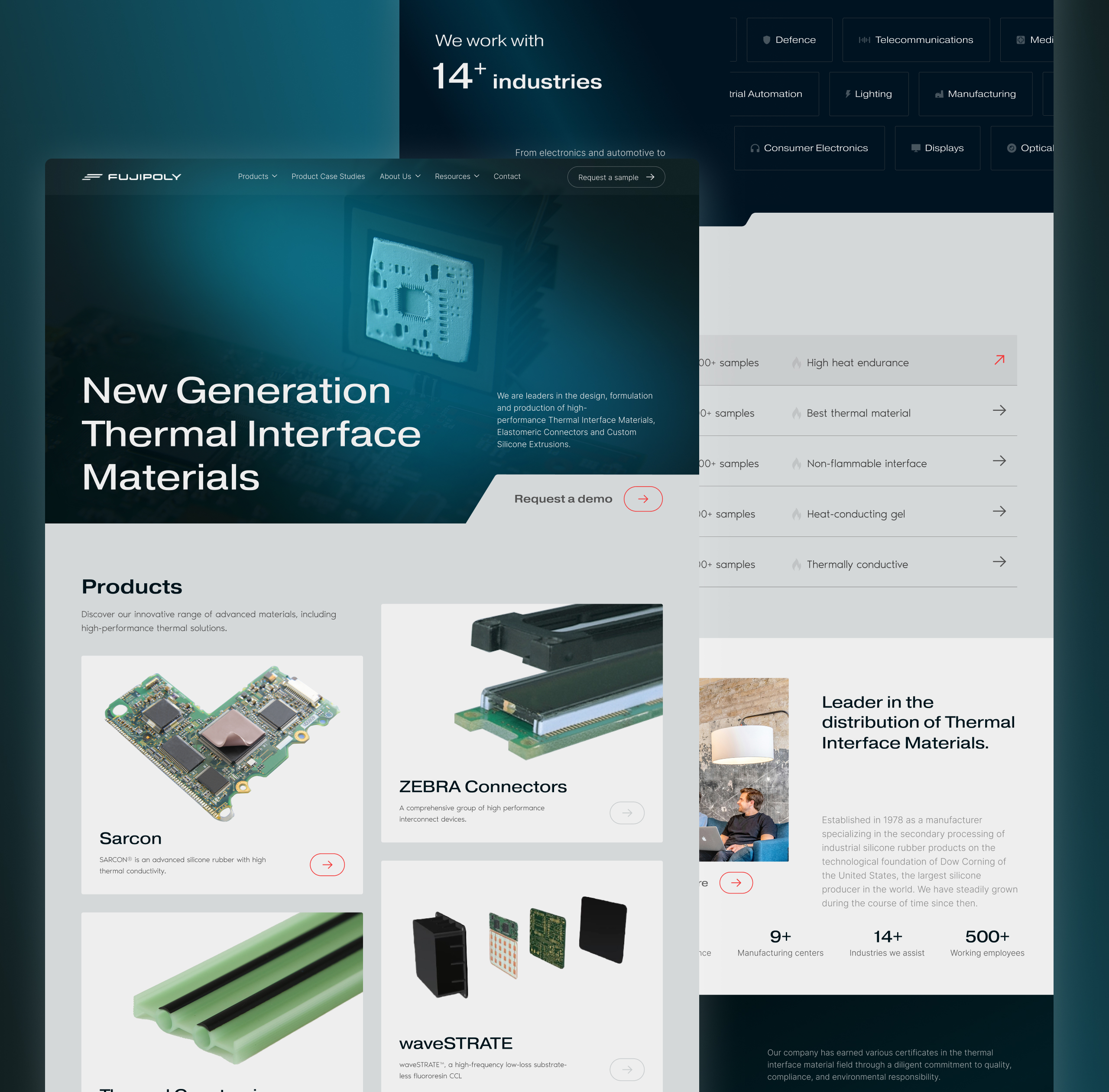 FujiPoly homepage design with the New Generation Thermal Interface Materials hero and product cards