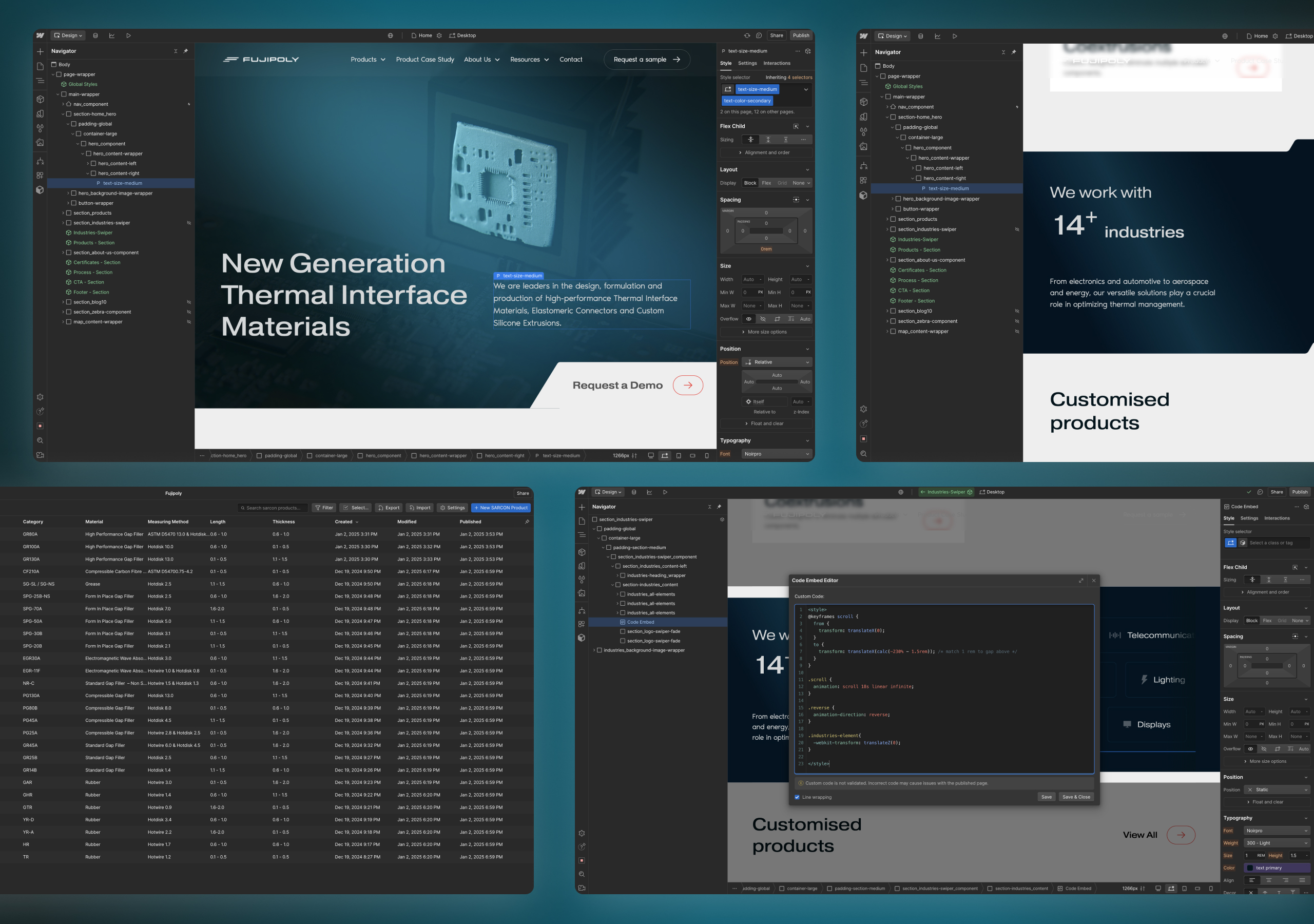 FujiPoly build in the Webflow Designer with the Navigator panel, style settings and a CMS product table