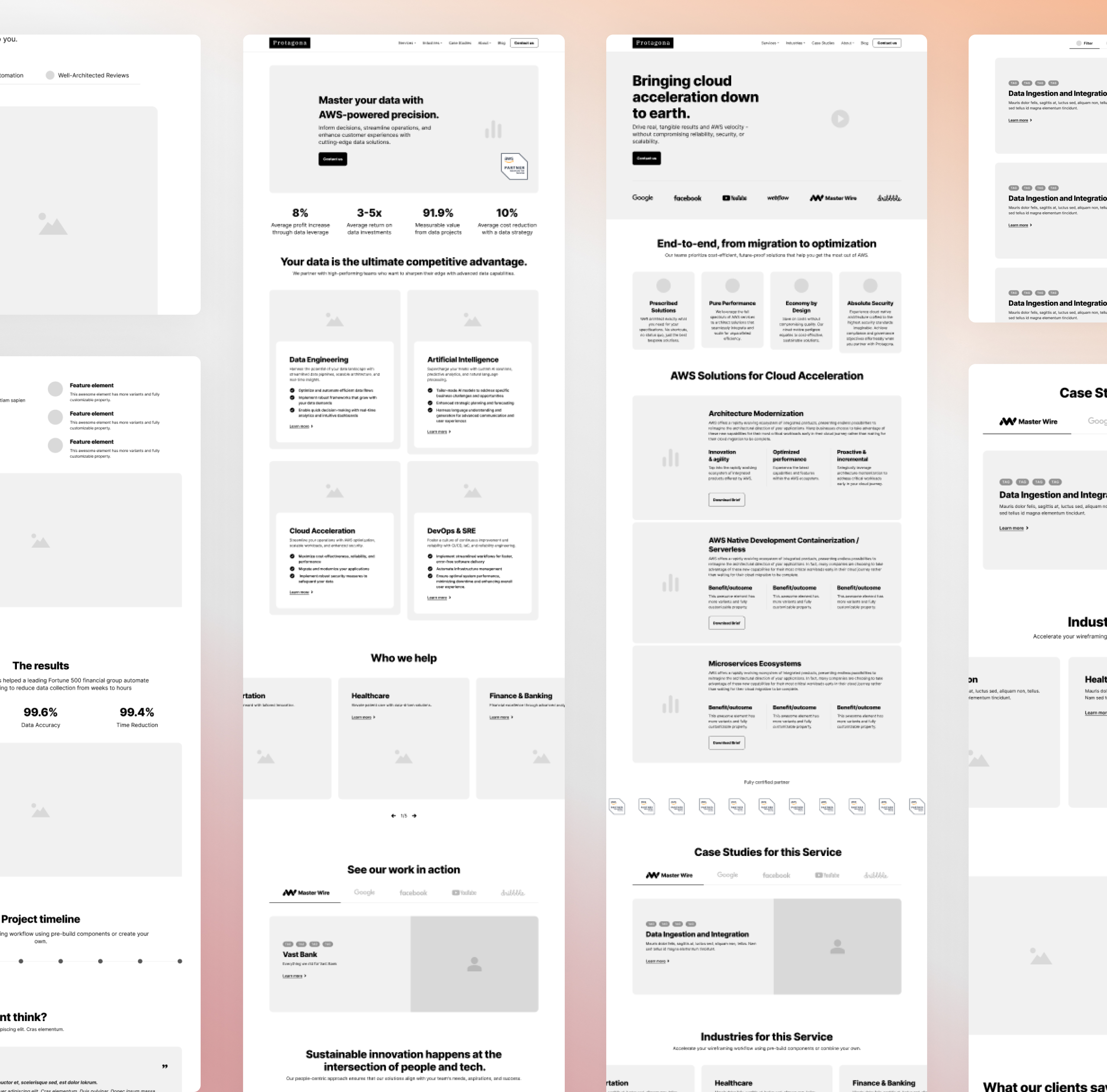 Greyscale Protagona wireframes for the homepage, AWS service pages and case study listing layouts