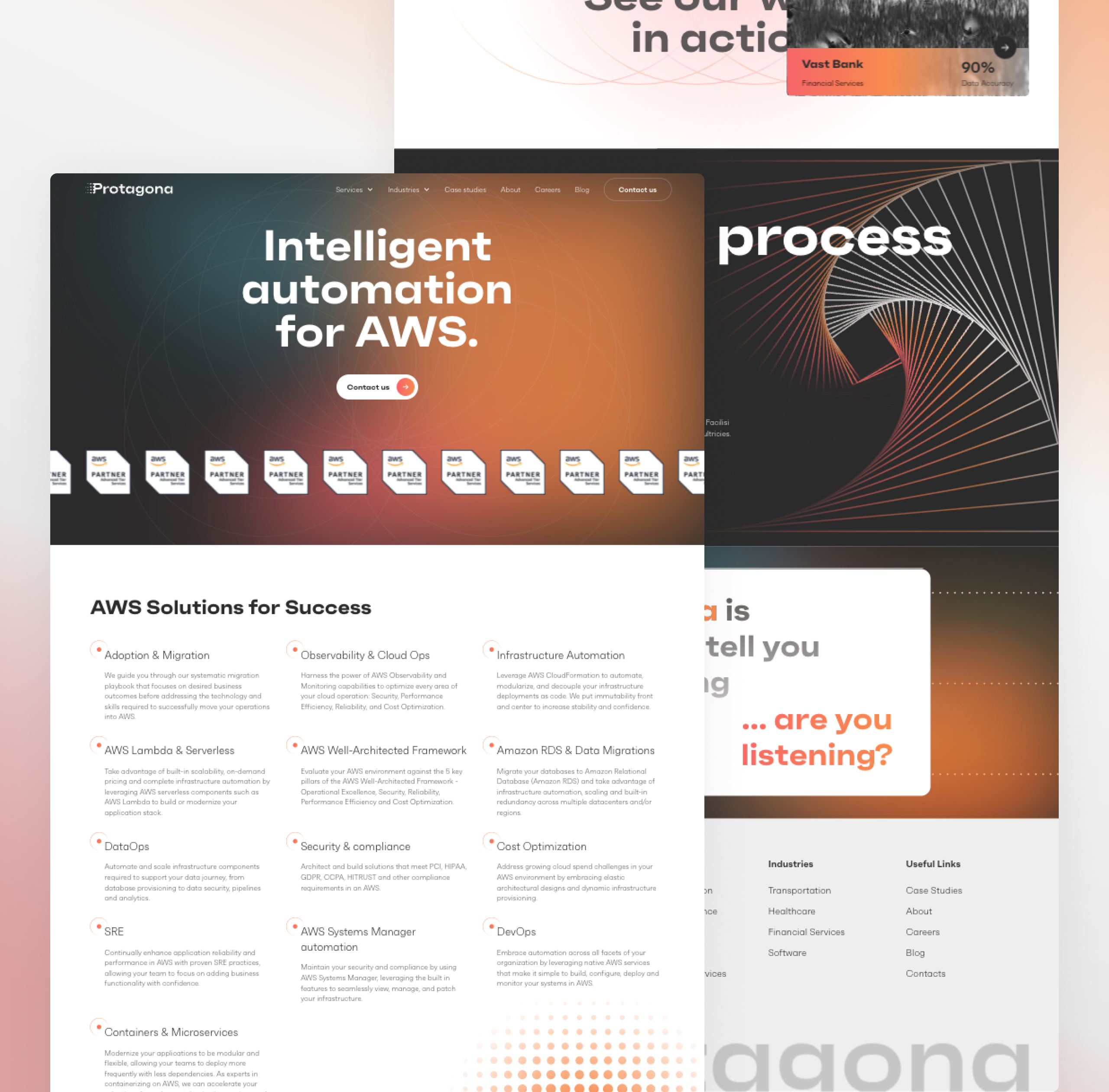 Protagona web design with the Intelligent automation for AWS hero, partner badges and a solutions grid
