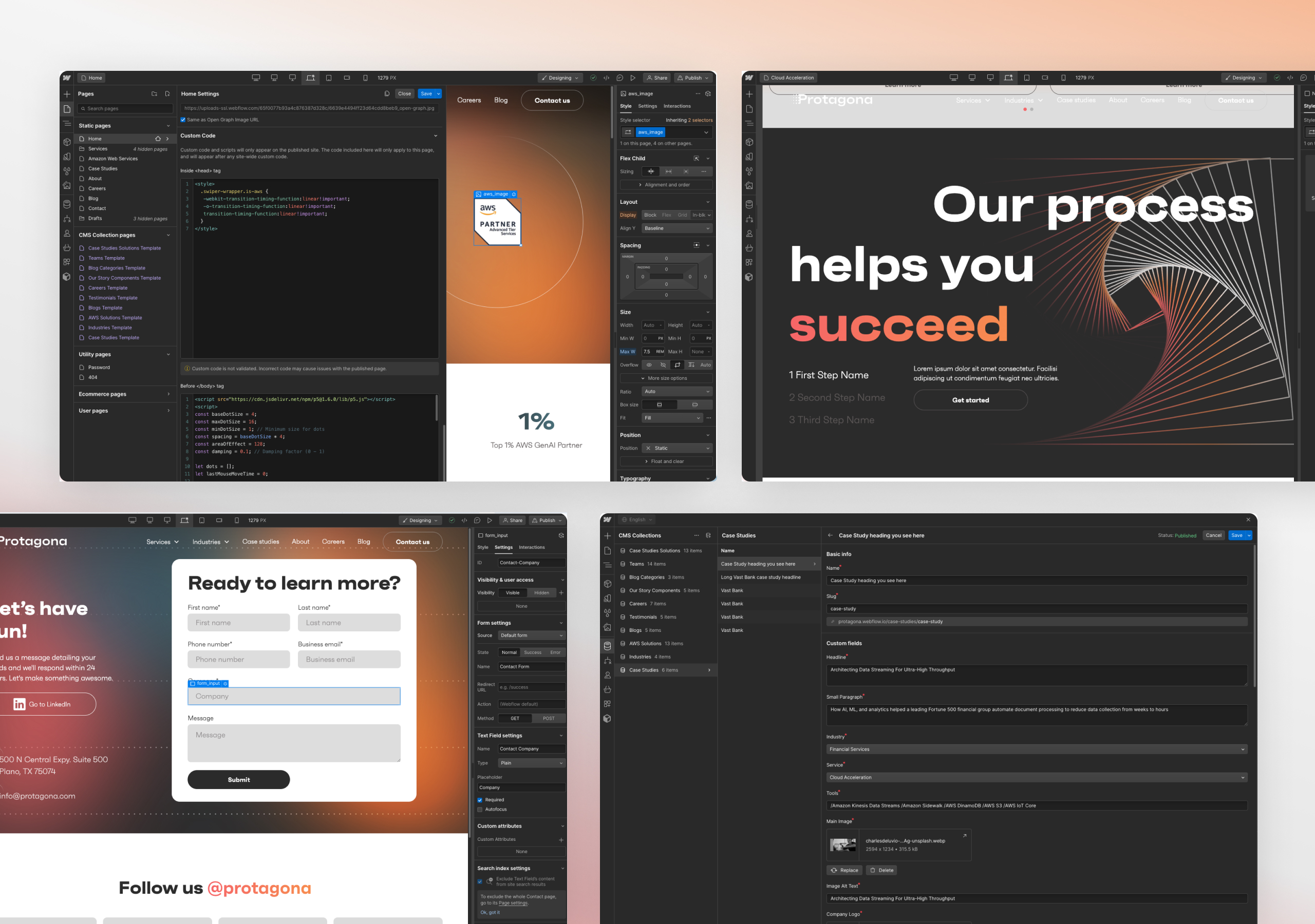 Protagona site in the Webflow Designer: page tree, custom code panel, form settings and a CMS case study