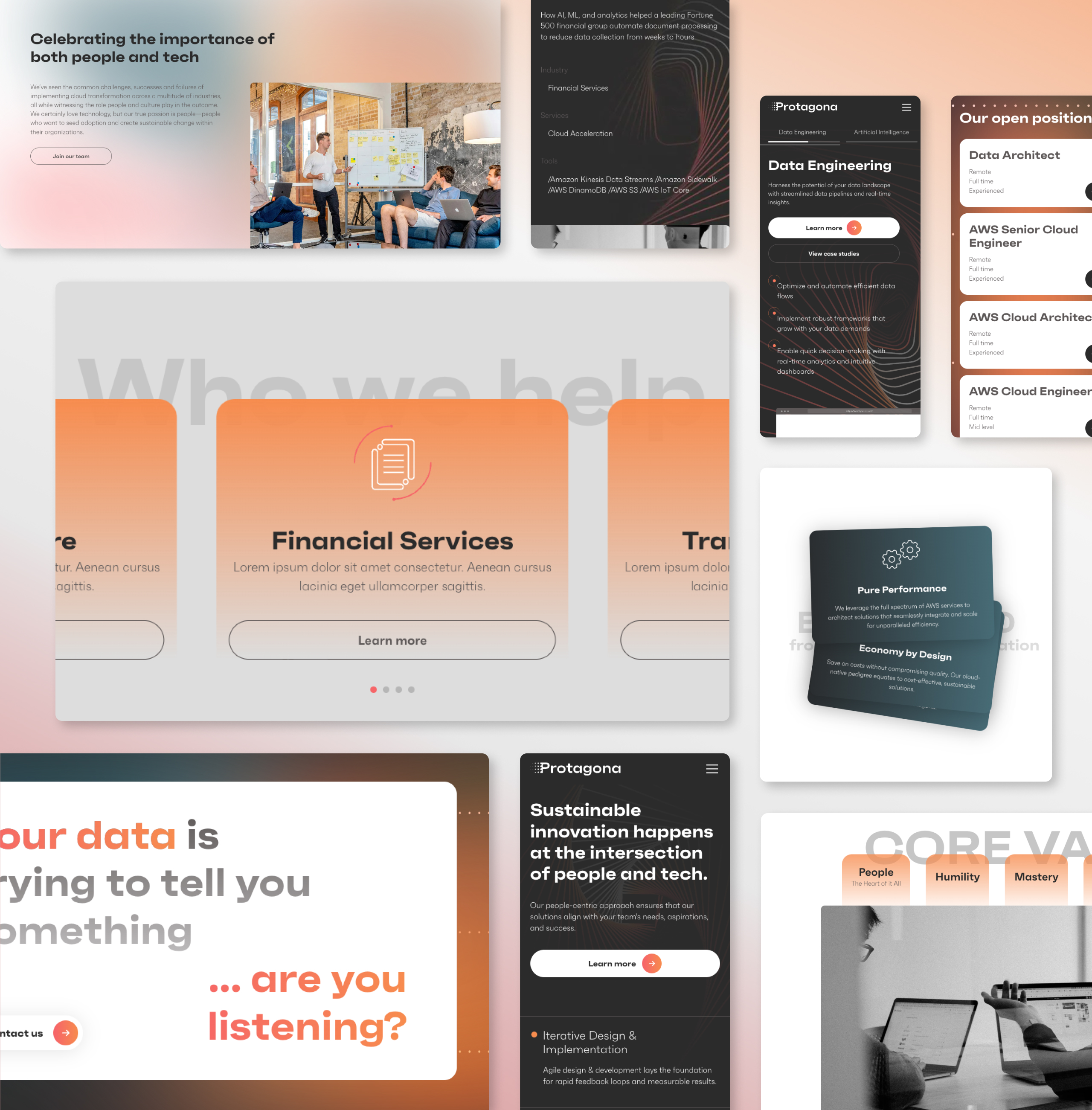 Protagona page sections including an industries carousel, an open positions list and mobile service views