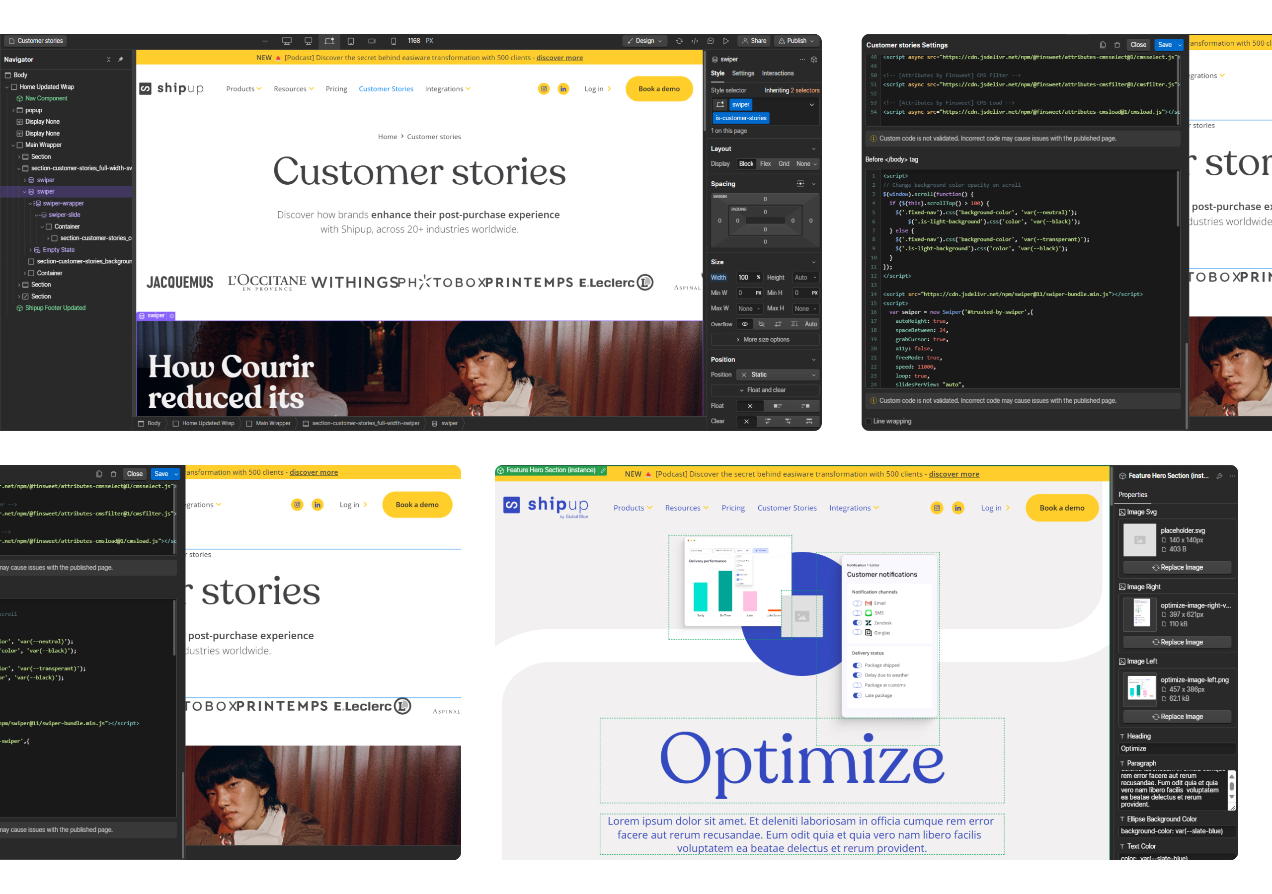 ShipUp customer stories page open in the Webflow Designer with the Navigator, custom code and component panels