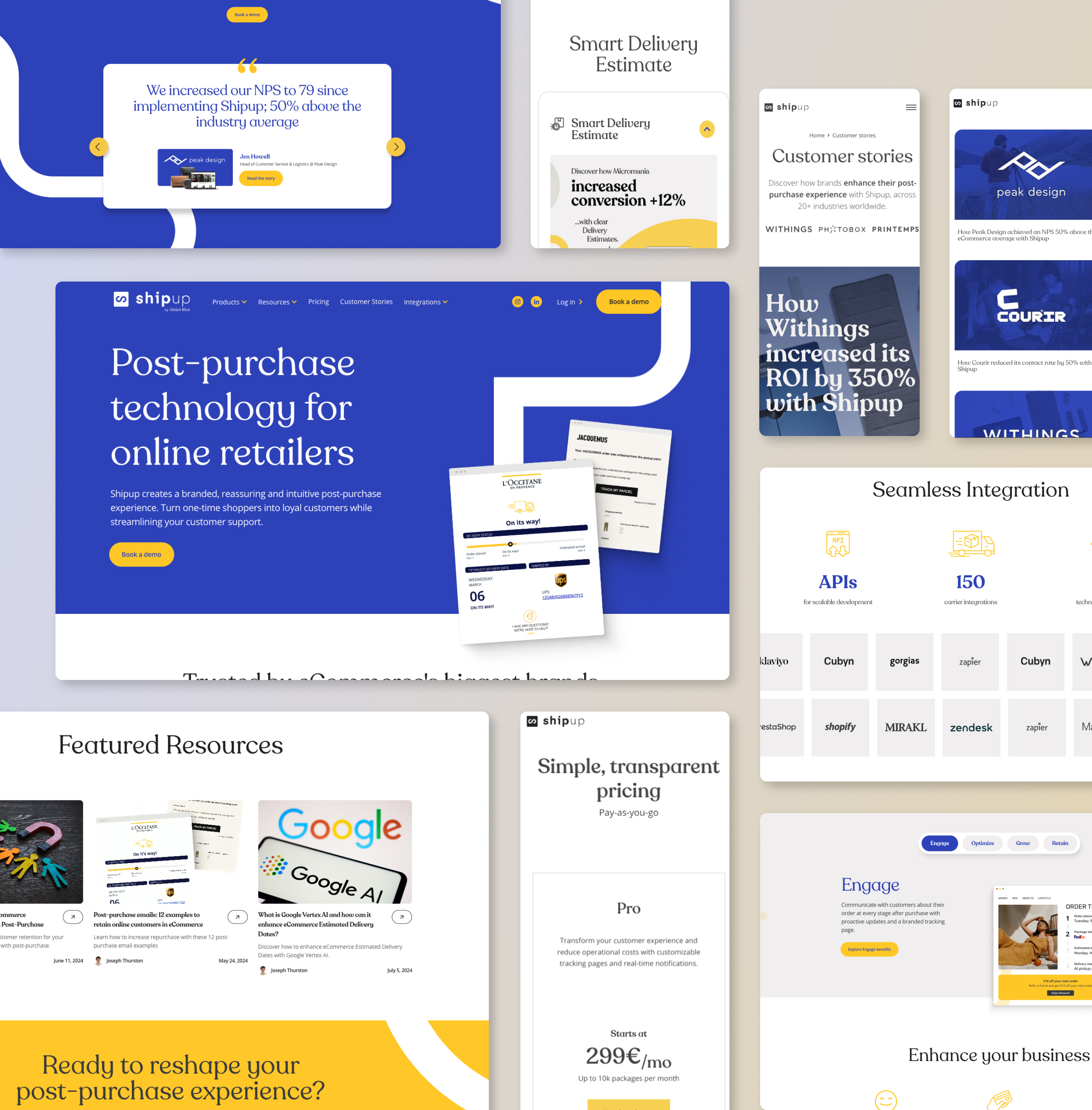 ShipUp page designs in blue and yellow covering the homepage hero, customer stories, pricing and integrations