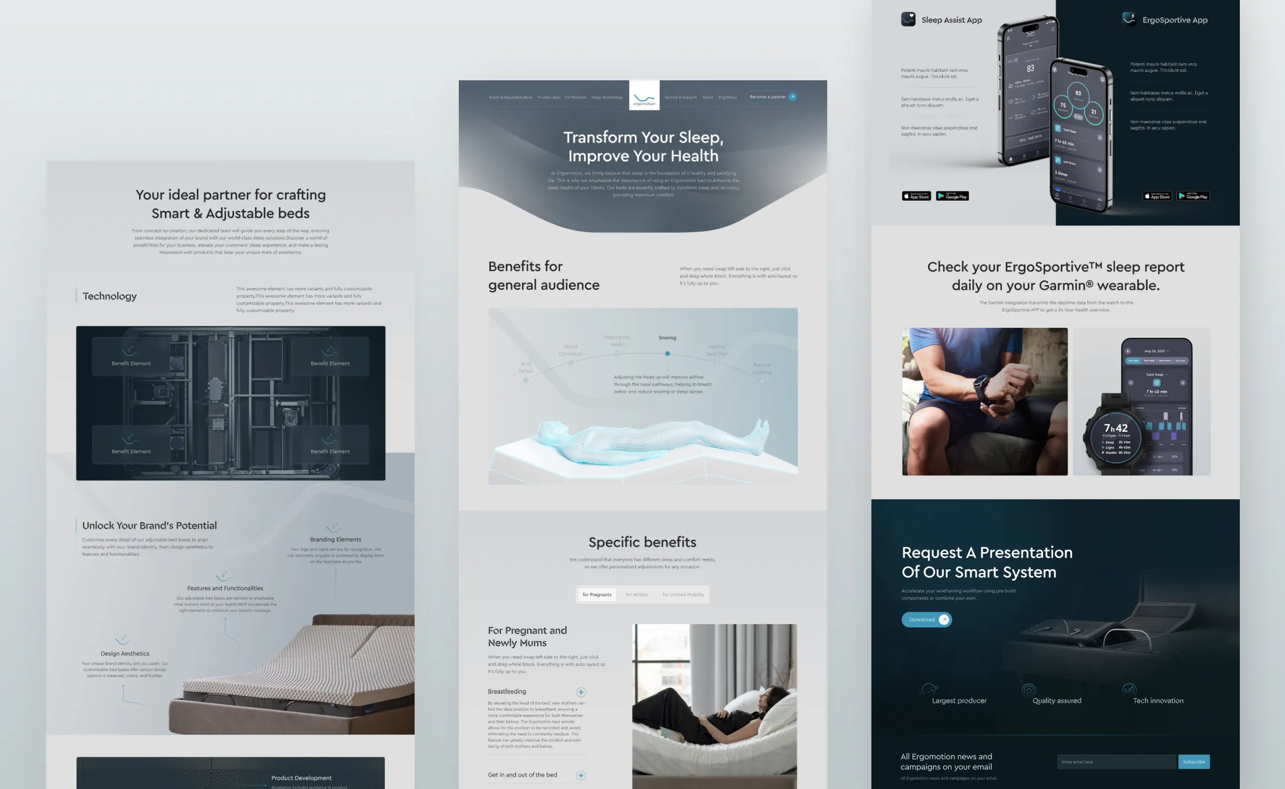 Ergomotion desktop layouts for the private label, sleep benefits and Garmin sleep report pages