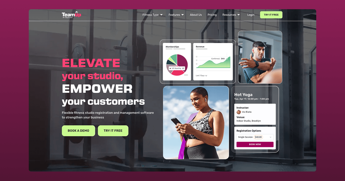 TeamUp's Webflow homepage: the Elevate your studio, empower your customers hero with membership, revenue and class booking widgets