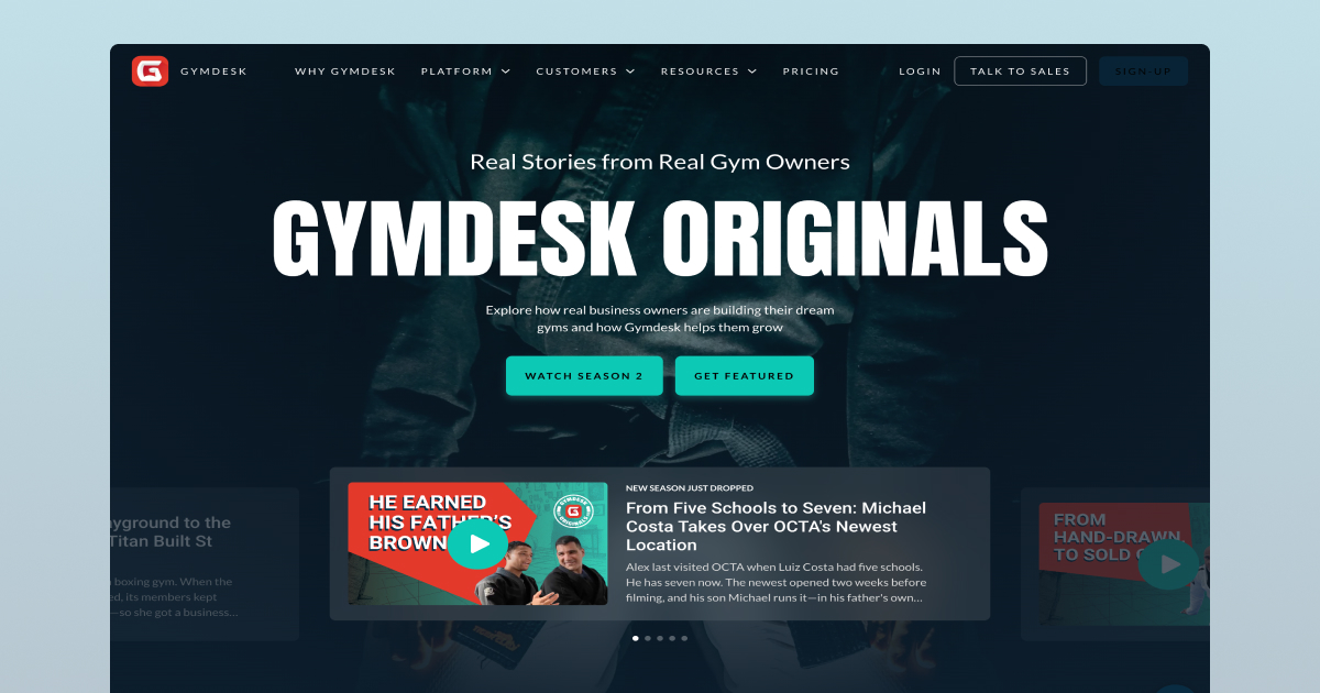 The Gymdesk Originals video hub built on Webflow, with the Real Stories from Real Gym Owners headline and a carousel of episode cards