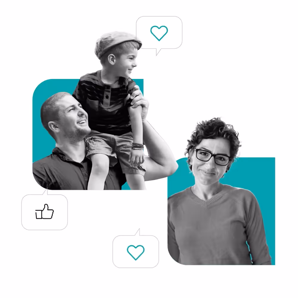 Man smiling while holding a boy on his shoulder, next to him a smiling woman wearing glasses, both with social media symbols such as hearts and thumbs up.