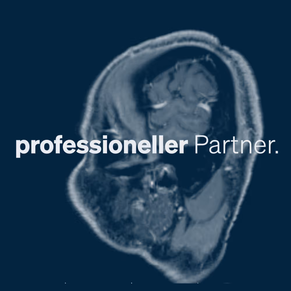MRI image of a brain with typography in the foreground "professional partner"