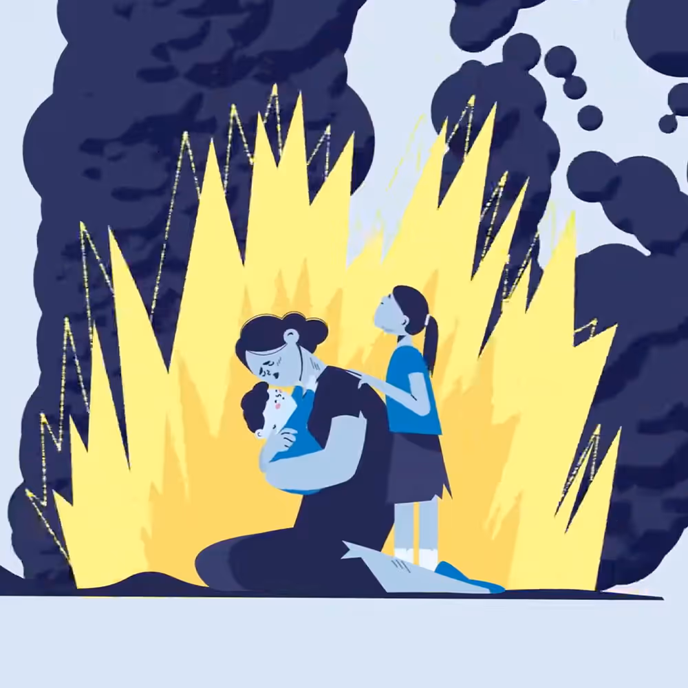 Illustration of mother with two children, before fire explosion