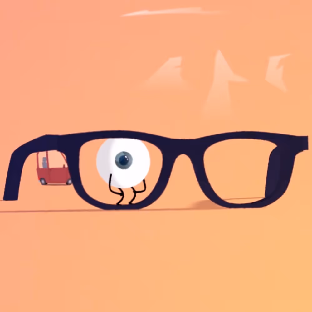 Illustration einer großen Brille auf einer Hautfläche mit einem animierten Auge und einem kleinen roten Gabelstapler hinter dem Brillenrand.