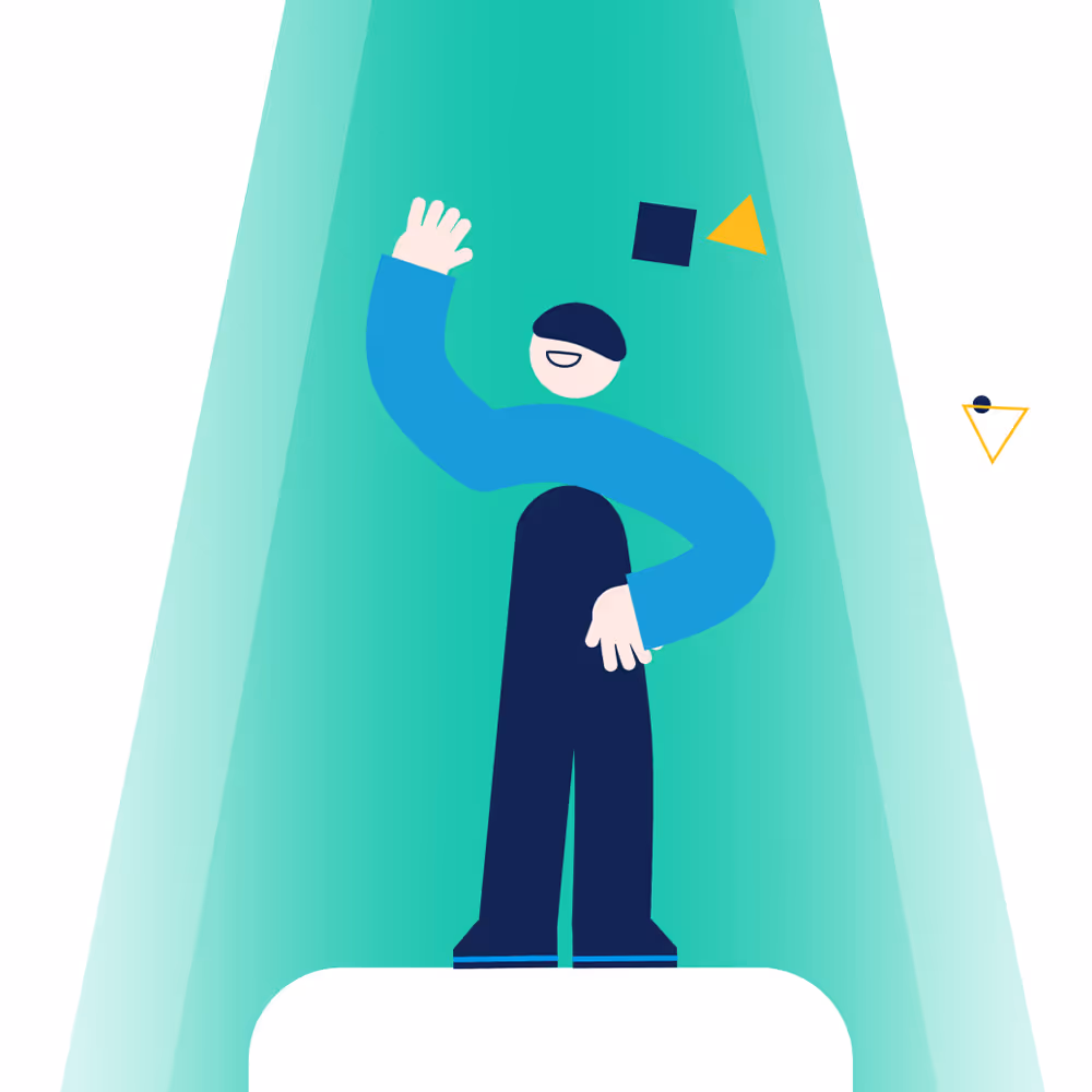 Abstrakte Illustration einer winkenden Person mit blauer Kleidung vor grünem Hintergrund.