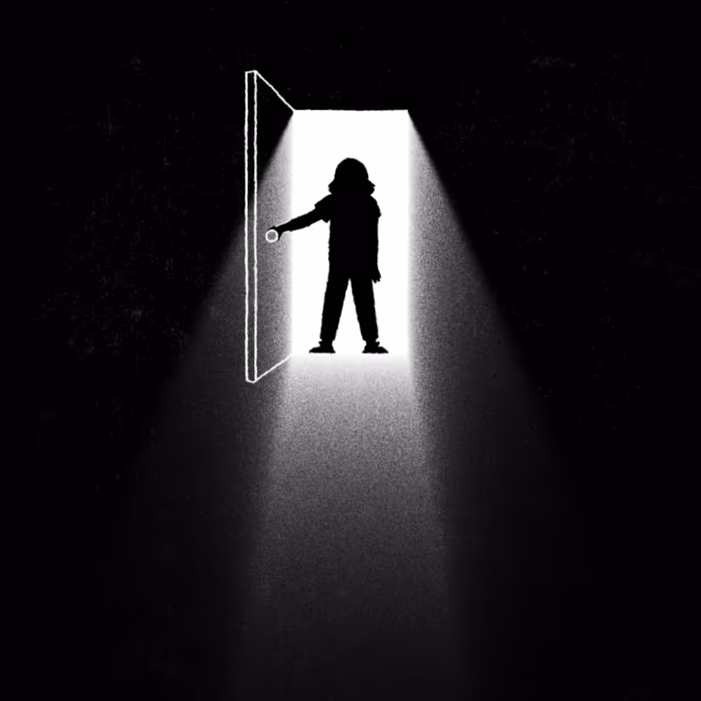 Schwarz-weiß Illustration Person steht im Türrahmen und wir von hinten angeleuchtet