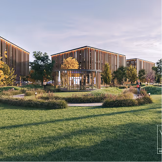 Modern architectural buildings are surrounded by landscaped gardens with greenery and a circular gazebo. People are enjoying the outdoor space.