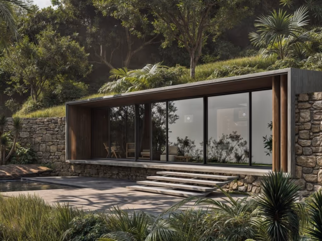 A house in the middle of a lush green forest.