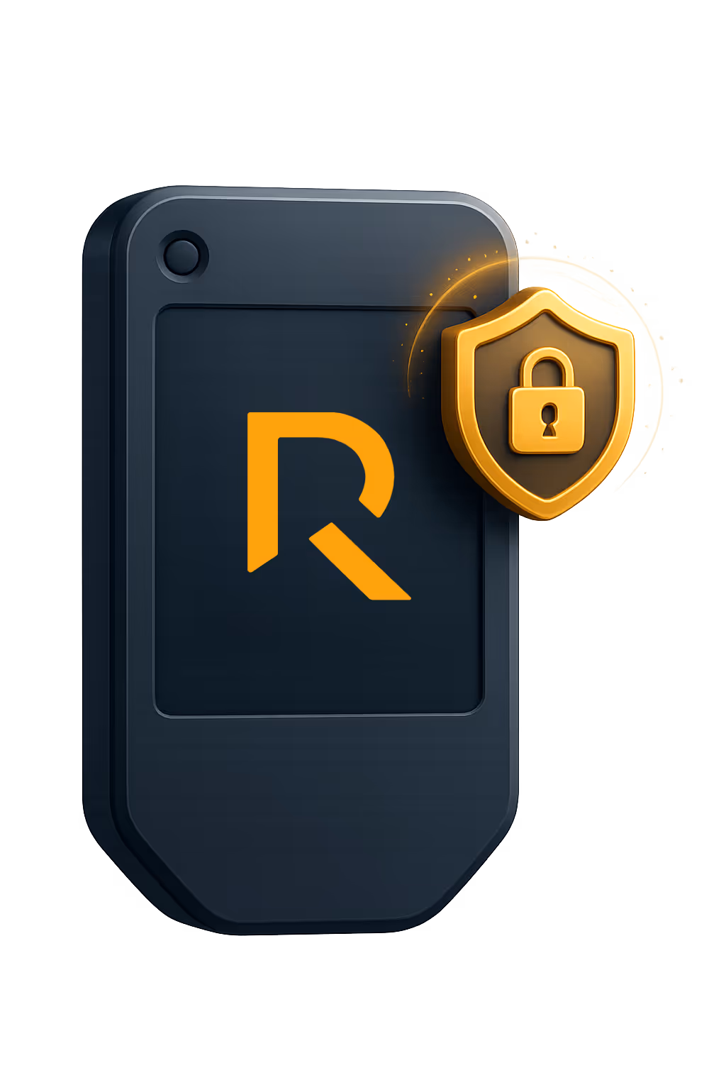 Graphic featuring a sleek dark device with an 'R' logo and a golden shield icon, symbolizing security and protection.