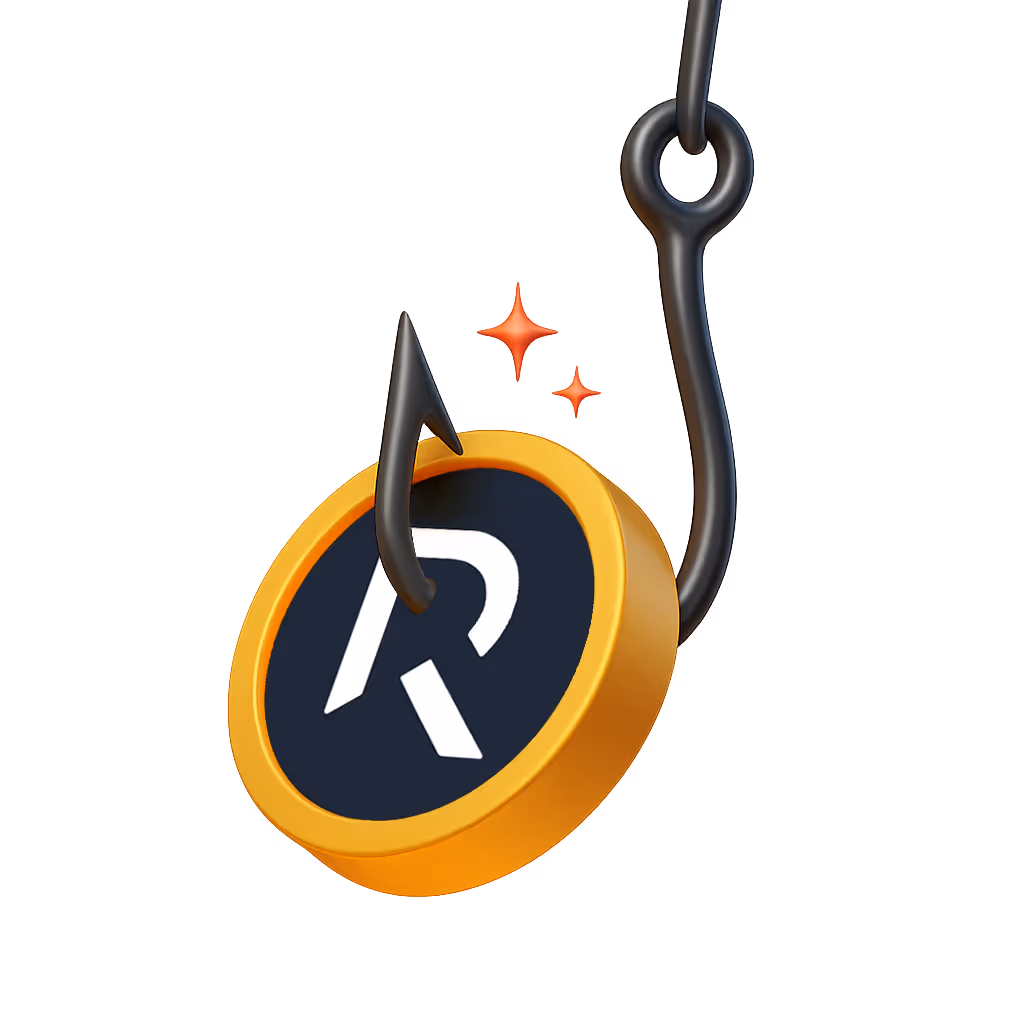 A fishing hook attached to a gold coin with a logo, surrounded by sparkles, set against a gradient background.