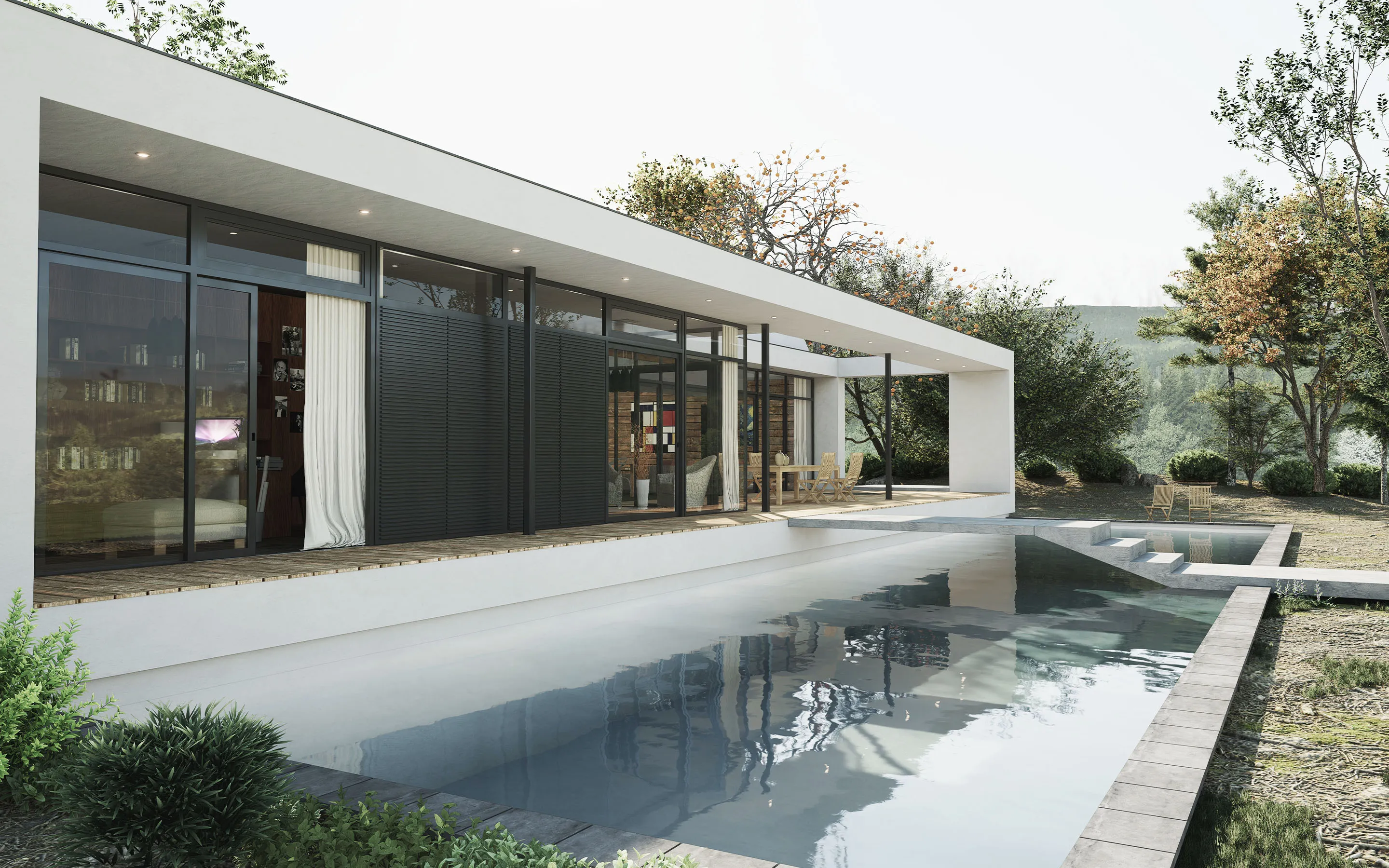 Casa moderna de un piso con grandes ventanas de vidrio y piscina rectangular en el jardín.