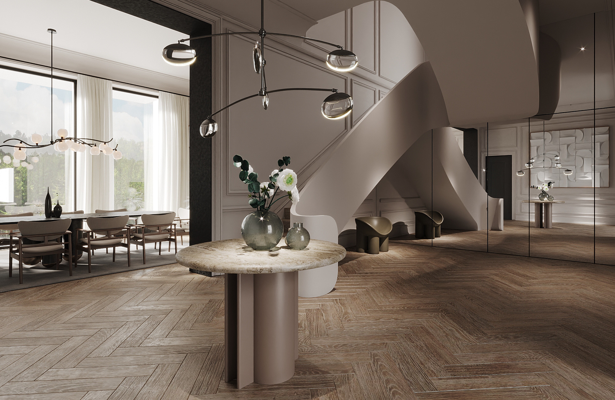 Interior moderno con mesa redonda decorativa, escaleras curvas y comedor iluminado con ventanales grandes.