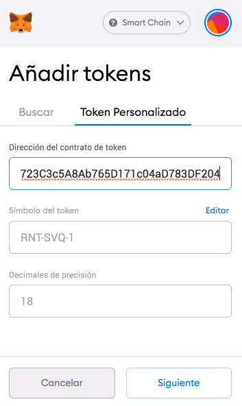Pega la dirección del contrato de tokens en la pestaña de token personalizado de Smart Chain