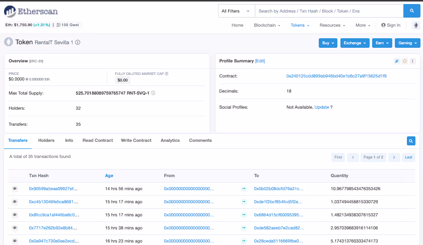 interfaz de etherscan con la transacción de venta de un inmueble tokenizado