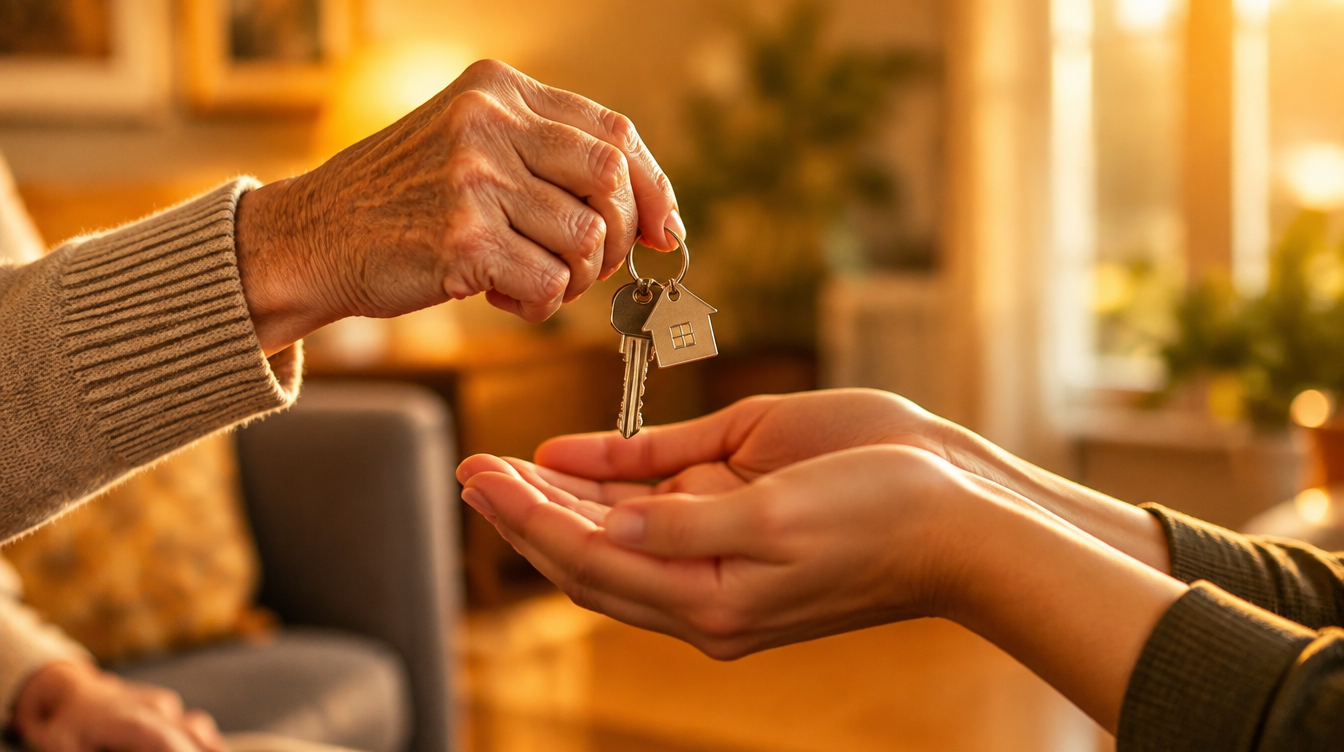 Persona mayor entregando las llaves de su vivienda a un inversor más joven, simbolizando la venta de la nuda propiedad