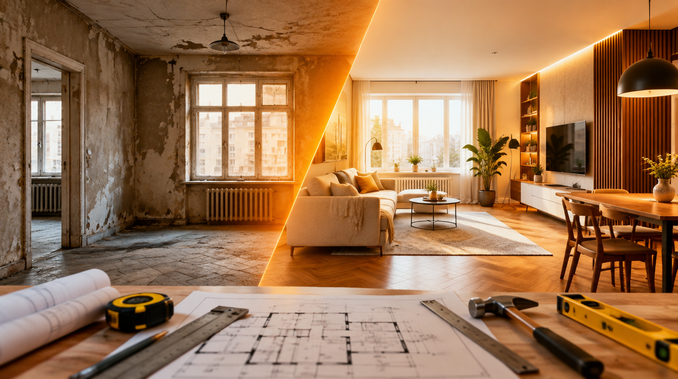 Piso en obras a medio reformar con herramientas de construcción, simbolizando una operación de flipping inmobiliario