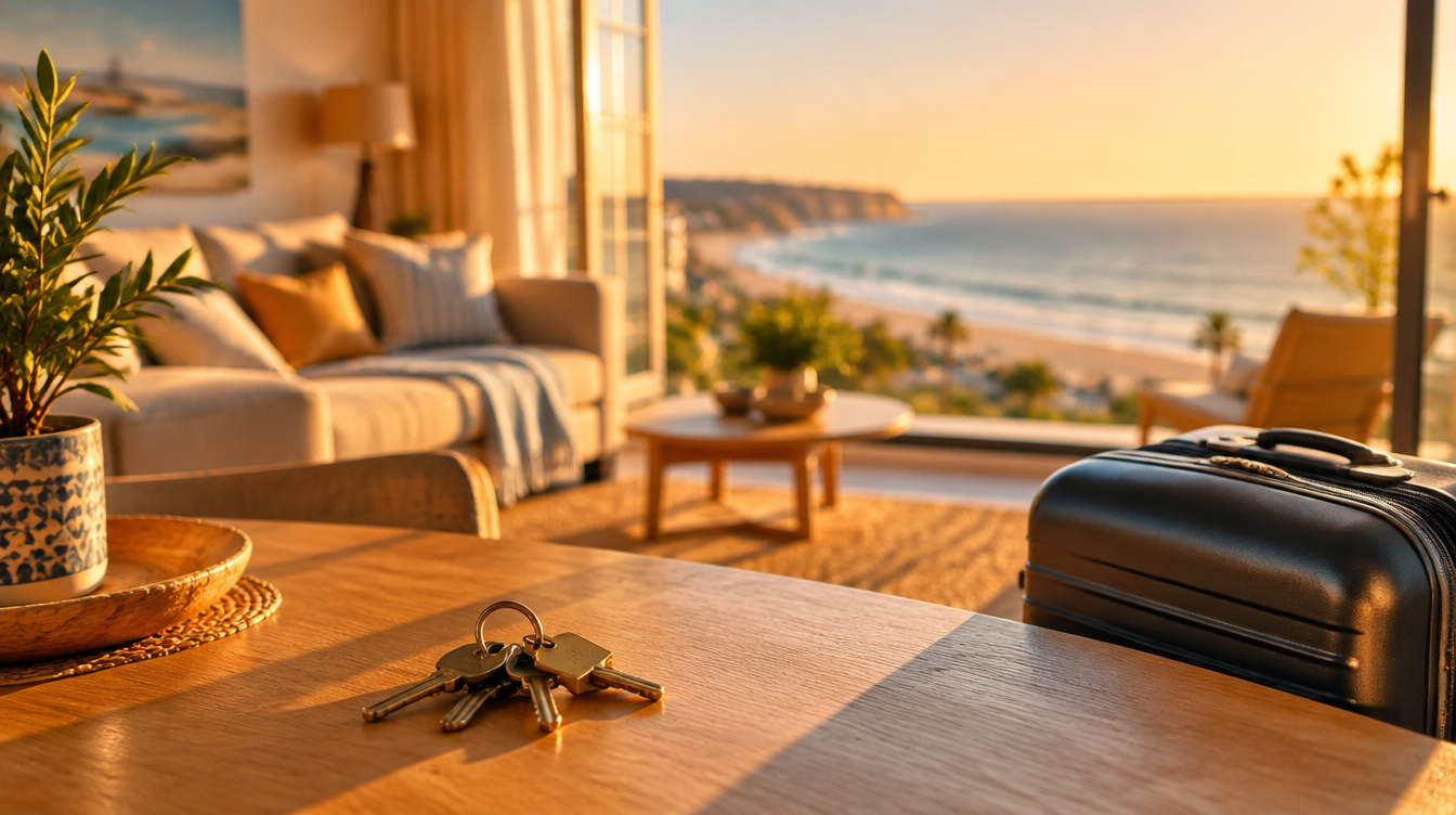 Apartamento turístico luminoso con maletas junto a la puerta, listo para el check-in de un huésped