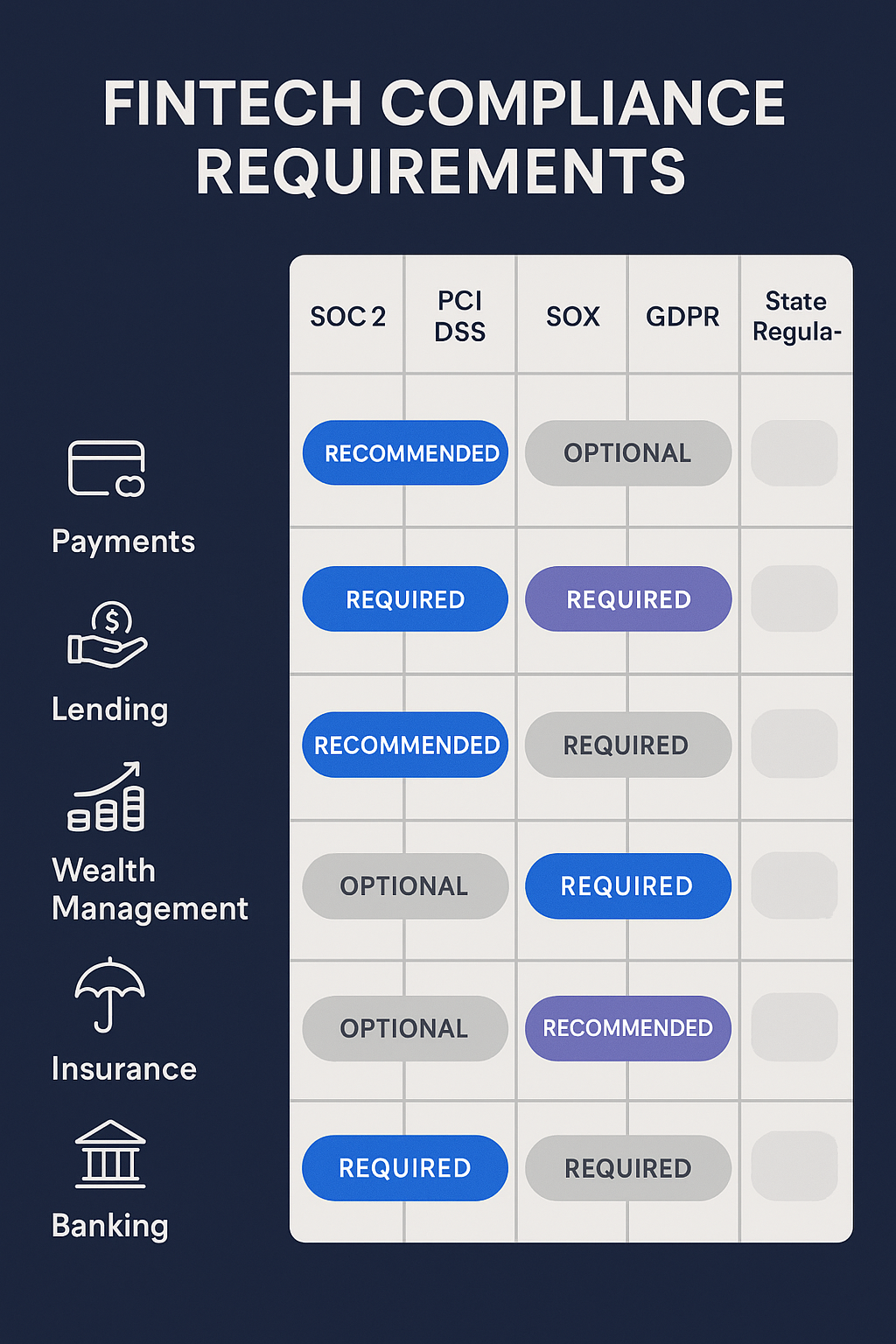 Fintech compliance requirements matrix by sub-sector