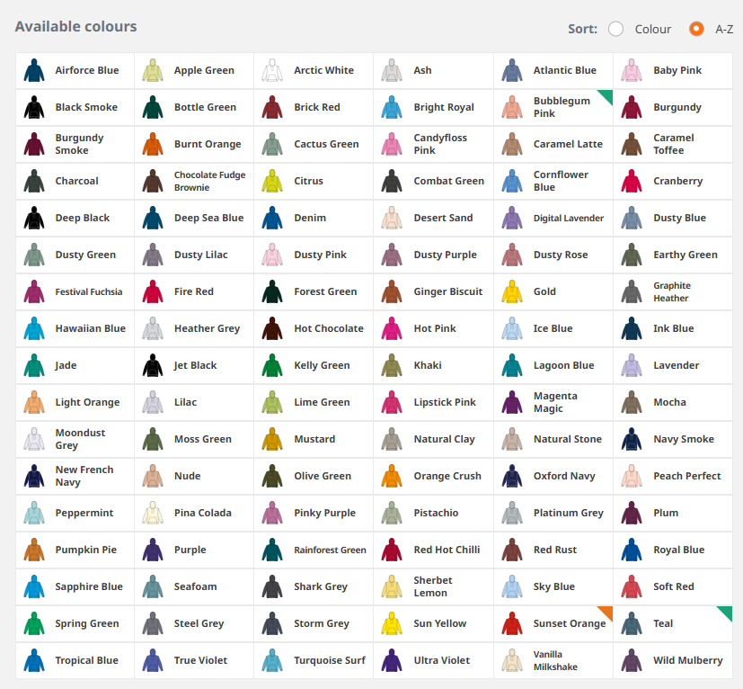 Color chart displaying various hoodie colors with labeled swatches including Airforce Blue, Baby Pink, and Navy.