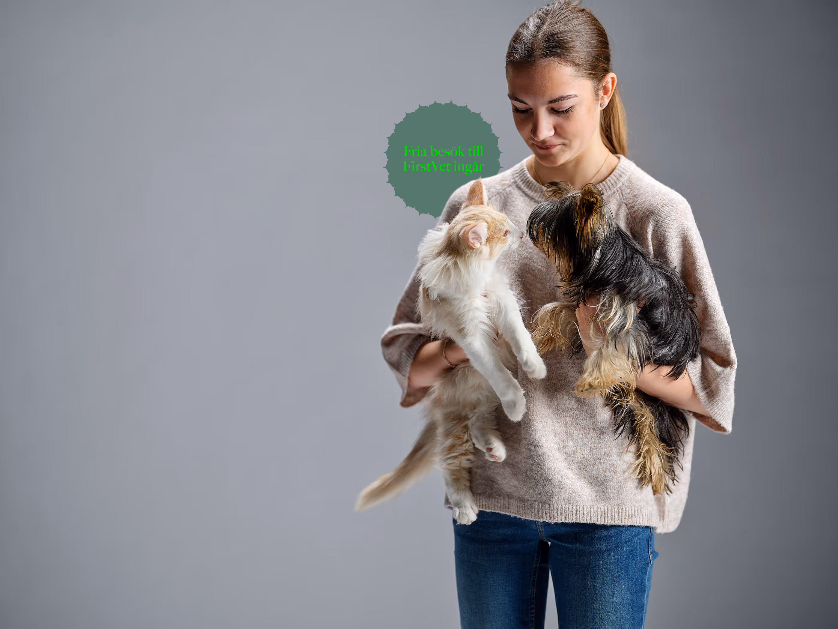 Young woman holding a fluffy cream cat and a small black and tan dog against a gray background.