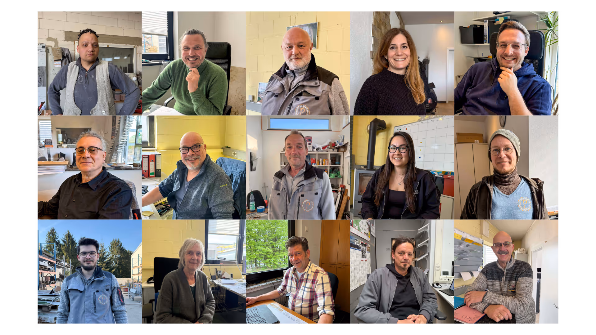 Collage of fifteen diverse people, both men and women, in various indoor and outdoor work environments, dressed casually and smiling or posing for the camera.