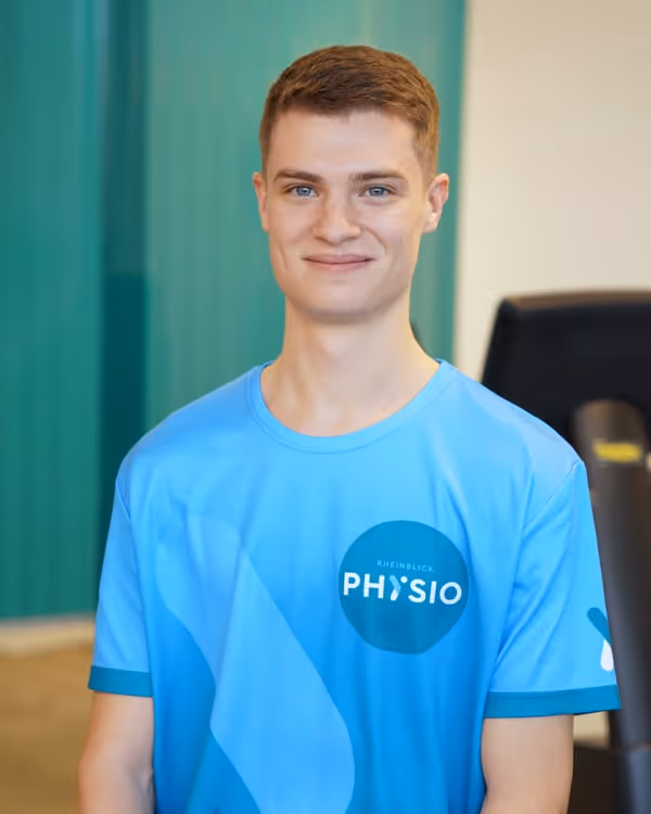 Platzhalterbild mit blauem Hintergrund und Rheinblick Physio Logosymbol