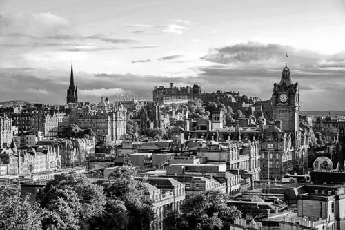 Edinburgh Castle in black and white.