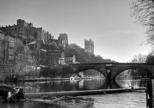 Durham Cathedral in black and white.