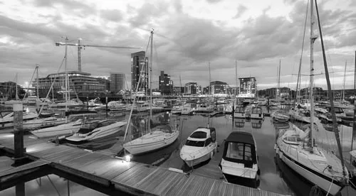 Southampton's Ocean Village Marina in black and white.