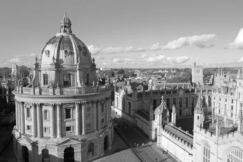 Oxford University in black and white.