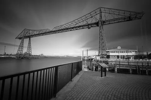 Teesside Transporter Bridge in black and white.