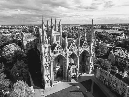 Peterborough Cathedral in black and white.