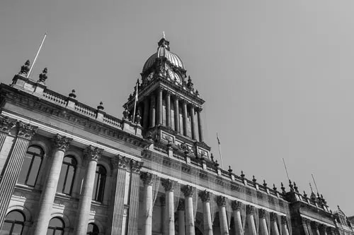 Leeds Town Hall in black and white.